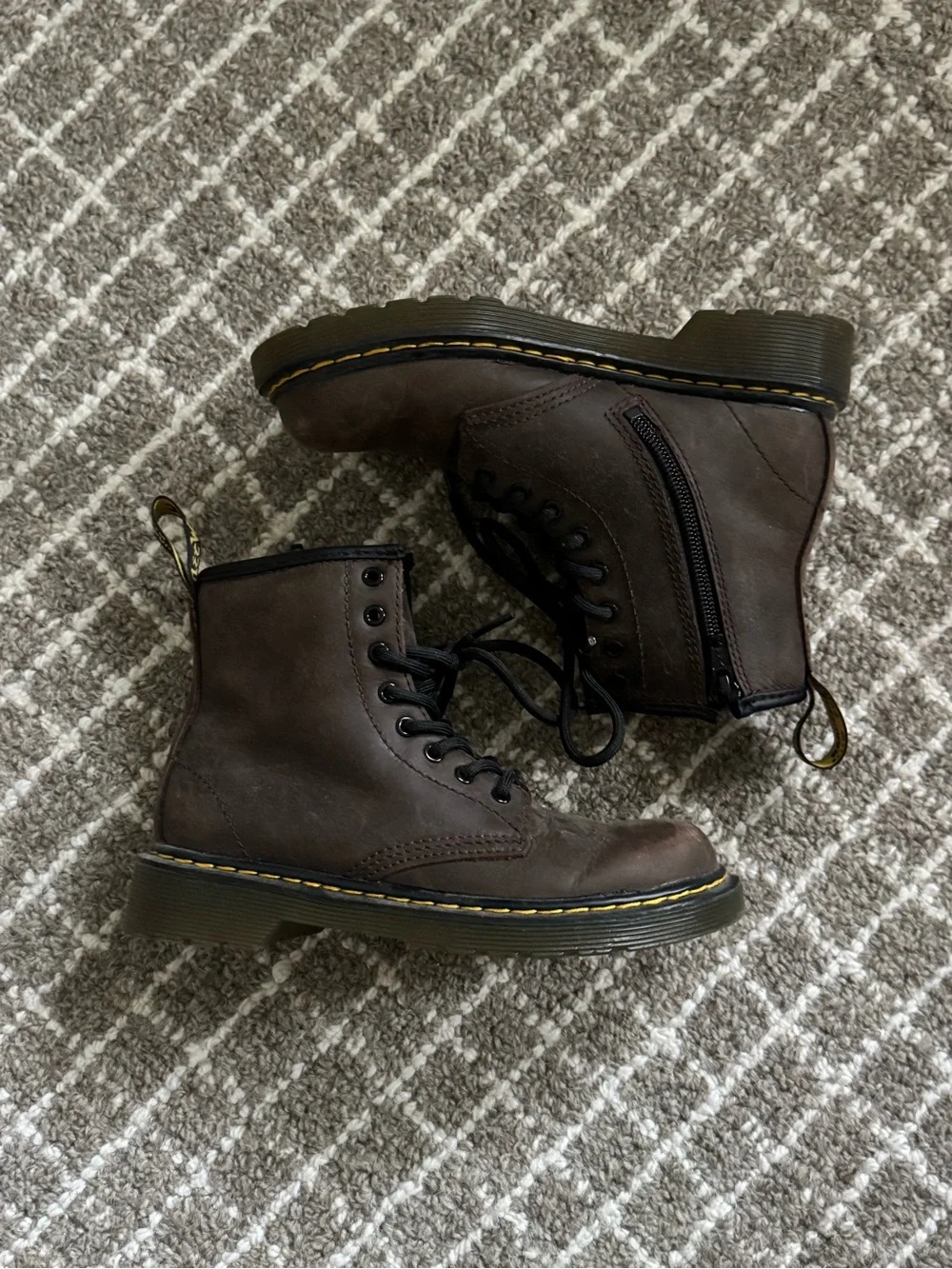 Dr. Martens Dark Brown Leather Lace-Up Side-Zip Kids Boots with fur lining